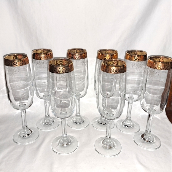 Beautiful Pasabahce Circle Turkish Art Glass Champagne Flutes 18k gold - Picture 1 of 3